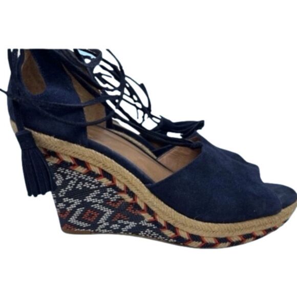 Cabi Isla Espadrille Lace-Up Wedge Sandals Navy Suede - Picture 3 of 11